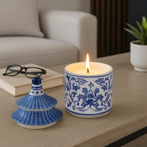 Liv & Skye 9 in. Blue and White Stoneware Plumeria Scented Candle-6 oz.