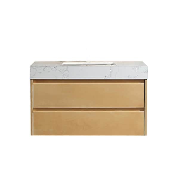 JimsMaison 36 in. W x 21 in. D x 21 in. H Single Sink Wall-Mounted Bath Vanity in Maple with White Engineered Stone Composite Top