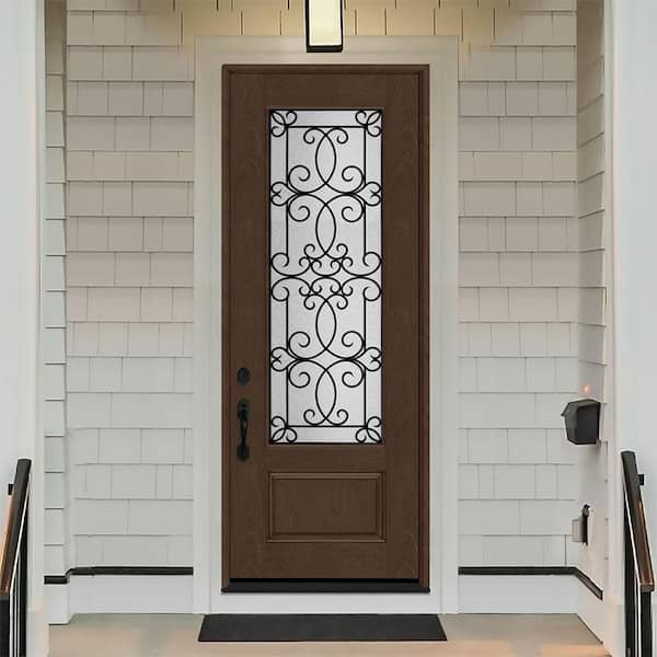 Regency 36 in. x 96 in. 3/4Lite Georgian Decorative Glass RHIS Hickory Mahogany Fiberglass Prehung Front Door