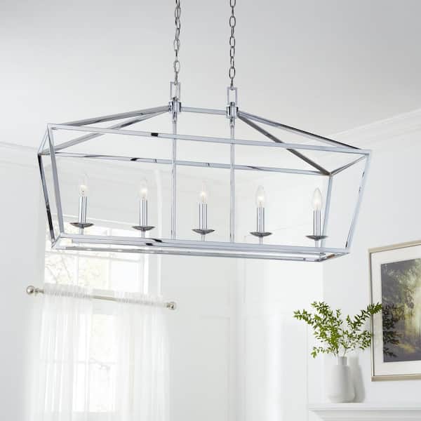 Home Decorators Collection Weyburn 36 in. 5-Light Polished Chrome Farmhouse Linear Chandelier Light Fixture with Caged Metal Shade
