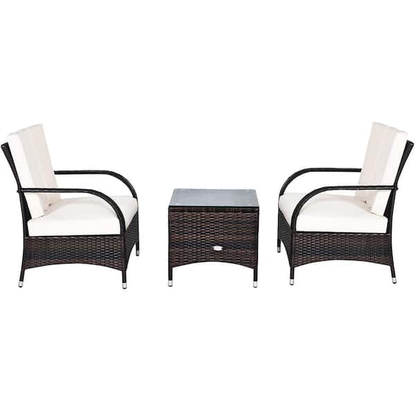 Costway Island 3-Piece Wicker Patio Conversation Set with Beige Cushions