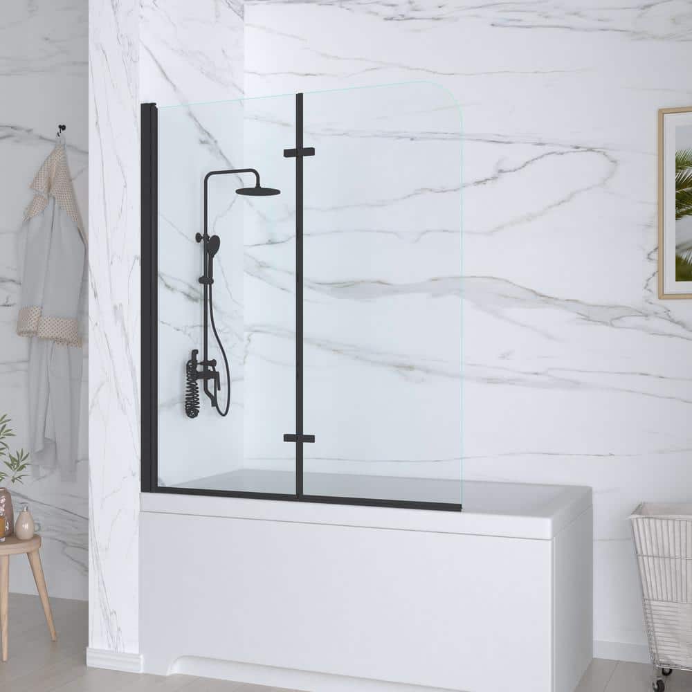 Matte Black Frameless Pivot Tub Door with Clear Glass