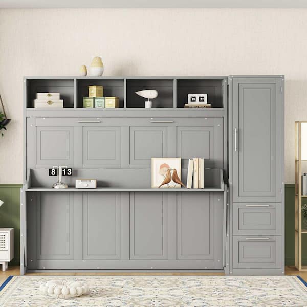 Gray Wood Frame Queen Size Murphy Bed with Closet and Drawers