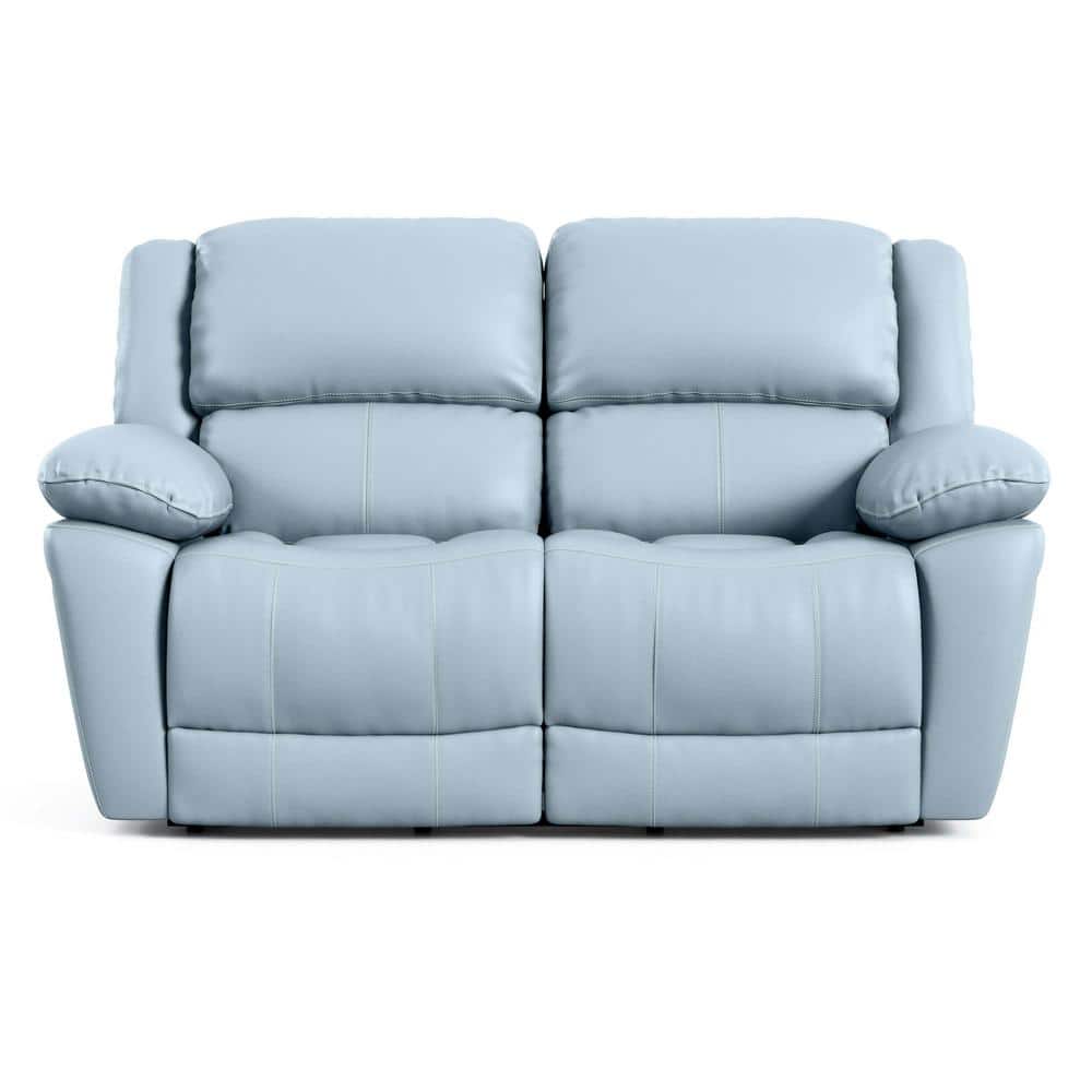 Powder Blue Leather Reclining Loveseat with Pillow Top Arms