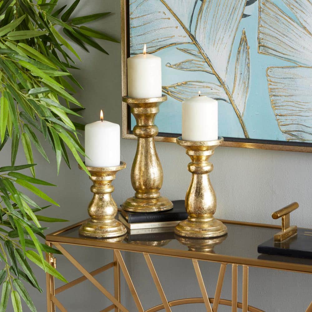 Elegant Gold Mango Wood Pillar Candle Holder Trio
