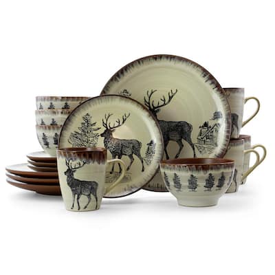 Majestic Elk 16-Piece Seasonal Taupe Stoneware Dinnerware Set (Service for 4)