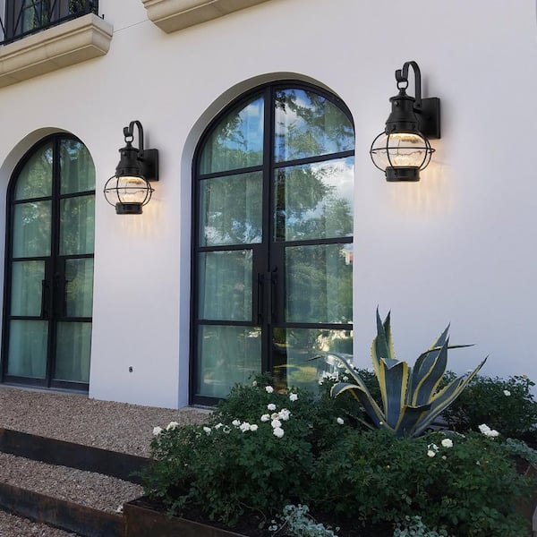 Acerbis 13.78 in. 1-Light Black Integrated LED Outdoor Wall Lantern Sconce with Caged Seeded Glass