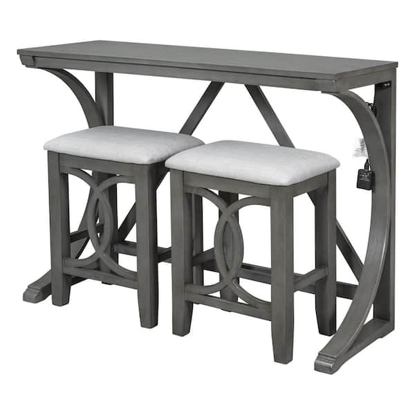 Tatahance TOPMAX Farmhouse 3-Piece Gray Counter Height Dining Table Set with USB Port and Upholstered Stools