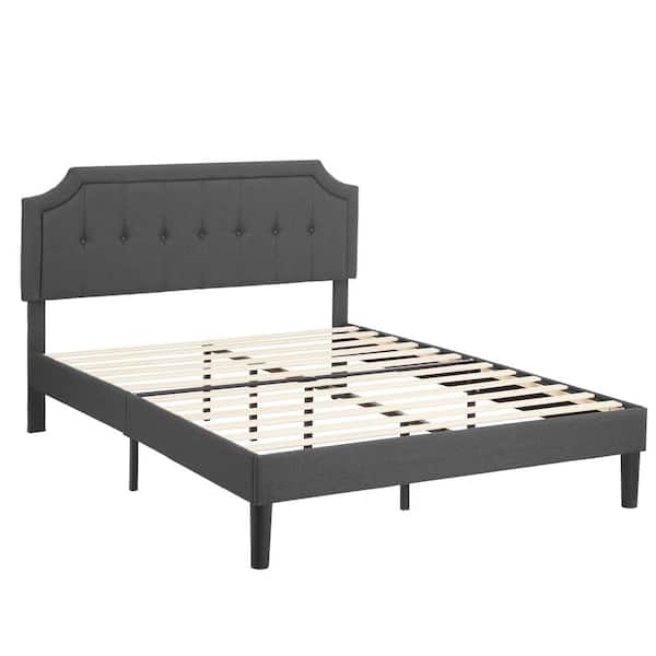 Queen Size Bed Frame with Headboard Upholstered Platform Bed with Sturdy Wood Slat Support Gray 60.03 in. W