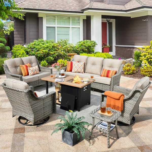 Tulip M Gray 6-Piece Wicker Patio Storage Fire Pit Conversation Set with Swivel Rocking Chairs and Beige Cushions