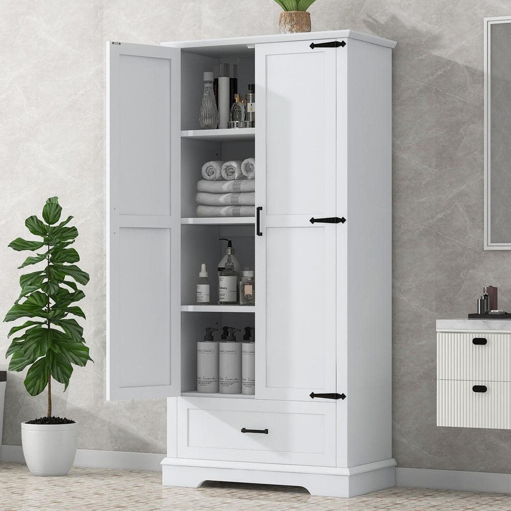 31 in. W x 16 in. D x 69 in. H White MDF Freestanding Tall Linen Cabinet wi