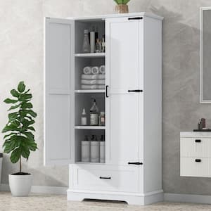 31 in. W x 16 in. D x 69 in. H White MDF Freestanding Tall Linen Cabinet with Adjustable Shelves and Drawer in White