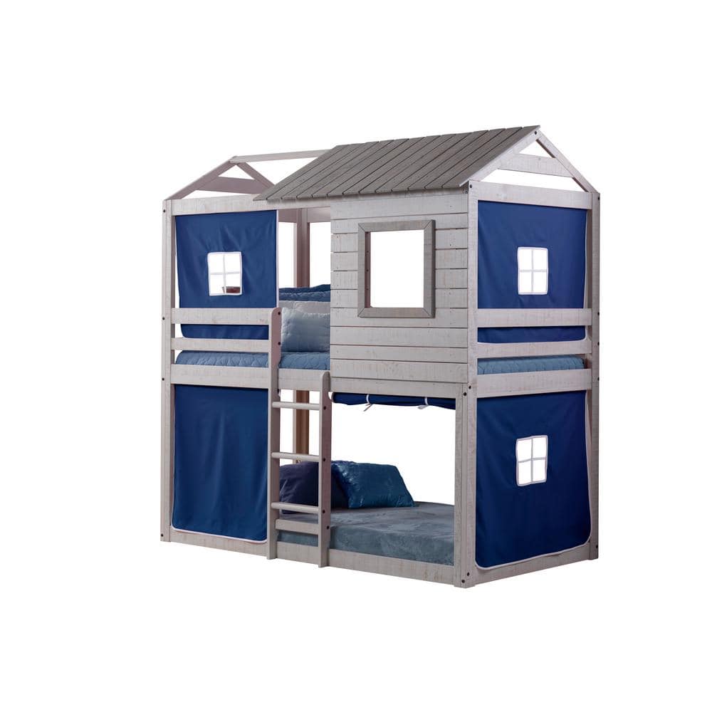 Rustic Light Grey Pine Twin Over Twin Bunk Bed with Blue Tent