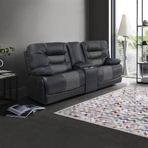 Caelan 77in. W 2-Tone Gray Faux Leather Double Glider Manual Reclining Loveseat w/ Center Console, Receptacles,USB Ports