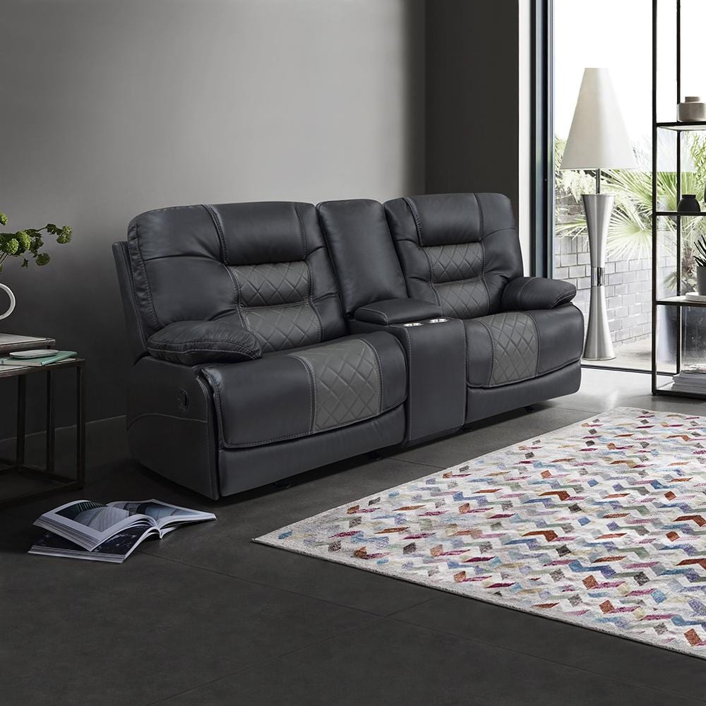 Caelan 77 in. W 2-Tone Gray Faux Leather Double Glider Reclining Loveseat with Center Console, Receptacles and USB Ports, Gray and Dark Gray