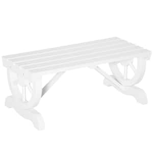 2-Person White Wood Outdoor Garden Bench with a Unique Wheel Designed Legs