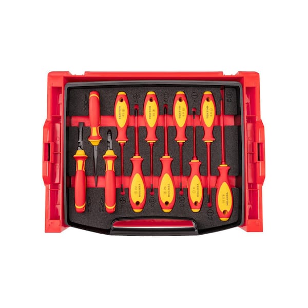 Insulated Phillips, Slotted, Square Drivers and Pliers Set with Open Top Drawer and Rack, 11-Piece
