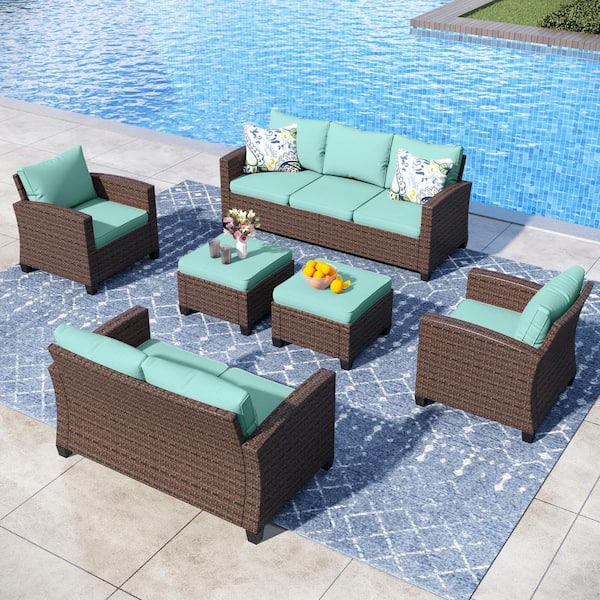 Brown Rattan Wicker 9 Seat 6-Piece Steel Outdoor Patio Conversation Set with Blue Cushions and 2 Ottomans
