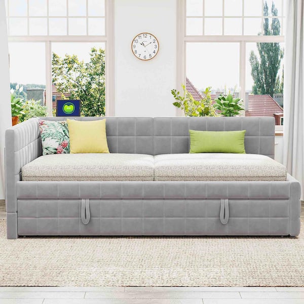 Gray Full Size Daybed with Twin Size Pop Up Trundle and USB ports