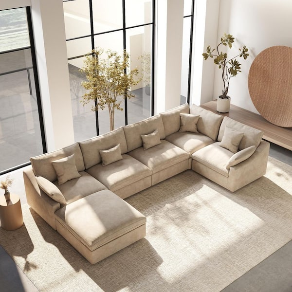 Modular Large 238 in. Flared Arm 6-Piece L-shaped Linen Cloud Couch Sectional Sofa in. Khaki with Ottoman