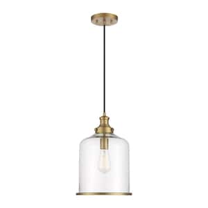 10.25 in. W x 15 in. H 1-Light Natural Brass Shaded Pendant Light with Clear Glass Cylinder Dome Shade