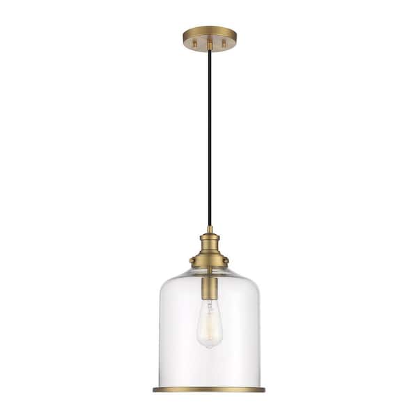 TUXEDO PARK LIGHTING 10.25 in. W x 15 in. H 1-Light Natural Brass Pendant Light with a Clear Glass Cylinder Dome Shade