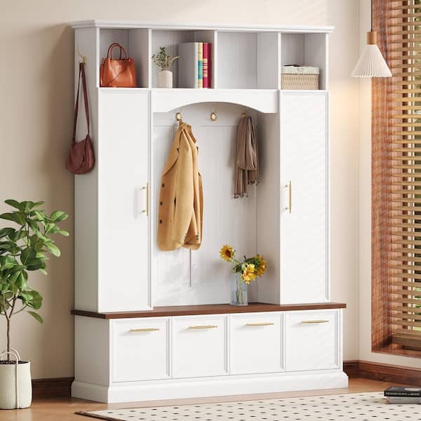Shaun Multi-Functional White Entryway Hall Tree with Walnut Bench, Storage Cabinets, Shoe Rack, Hooks,Adjustable Shelves