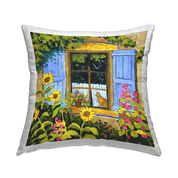 Stupell Industries Cat in Garden Window Blue Square Outdoor Throw Pillow