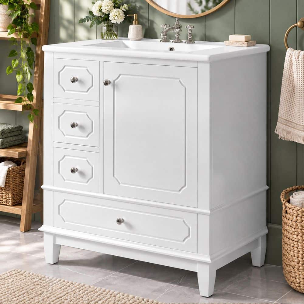 30 in. Single Sink Freestanding White Bath Vanity with White Ceramic Sink Top