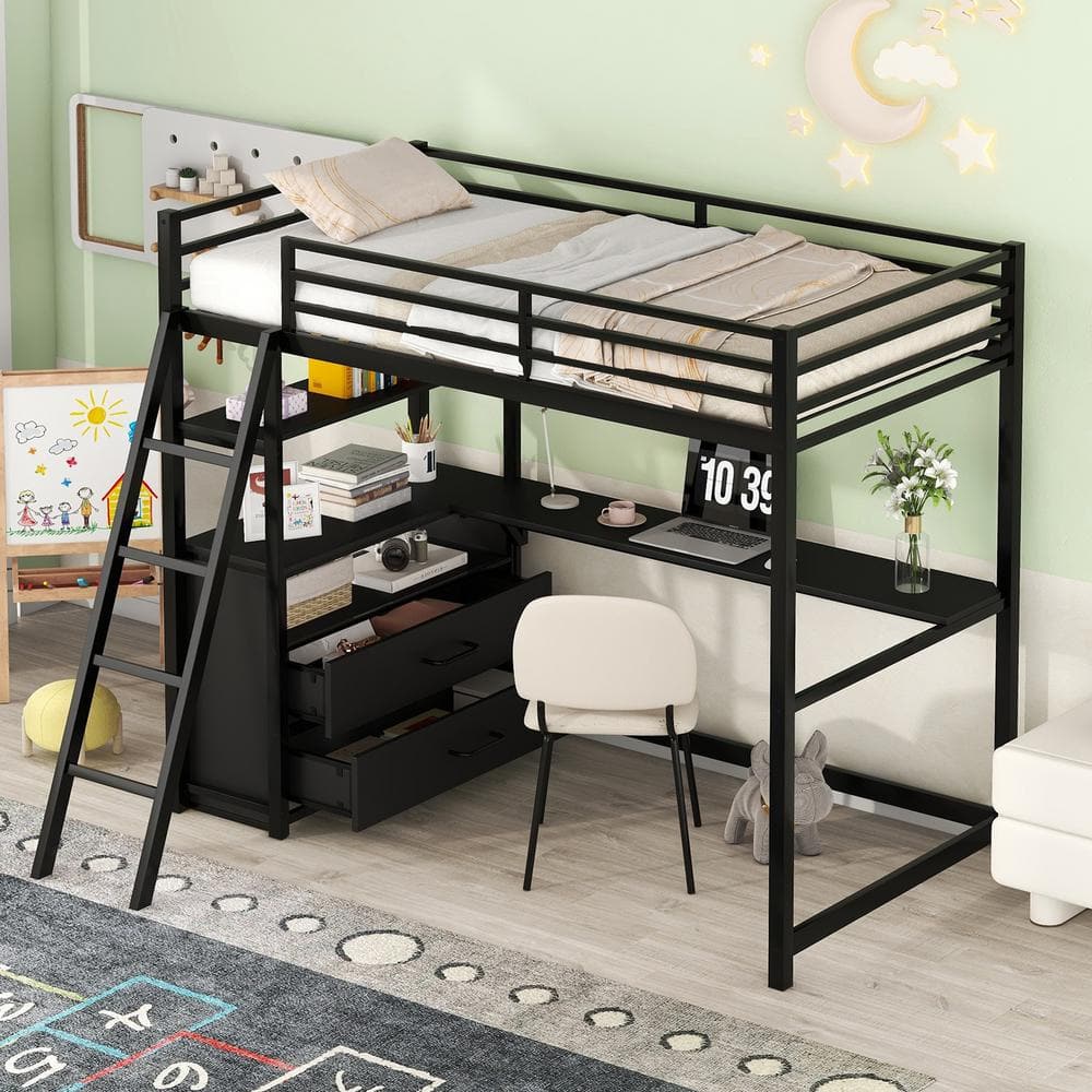 Harper & Bright Designs Black Metal Twin Size Loft Bed with Wood Desk ...