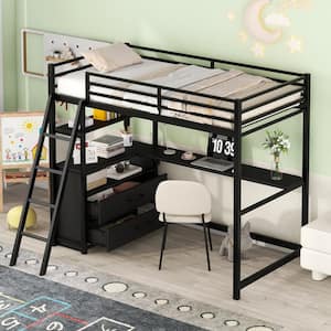 Black Metal Twin Size Loft Bed with Wood Desk and Shelves, 2 Built-in Drawers