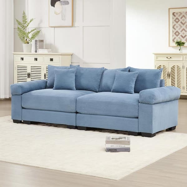 Sheila 92 in. Cloud Corduroy Upholstery Modular Rectangle Sectional Sofa in. Blue with Throw Pillows