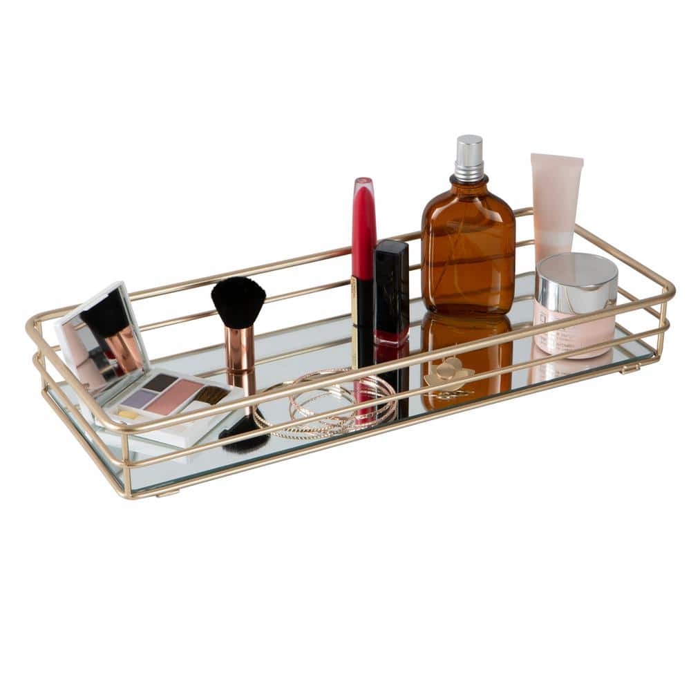 Satin Gold Rectangular Mirrored Glass Vanity Tray