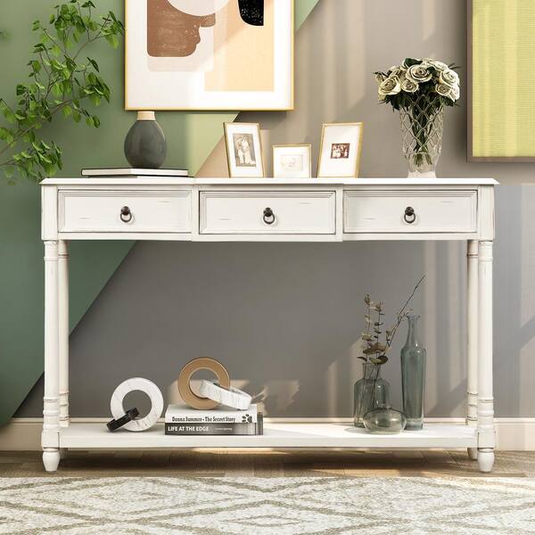Anbazar Antique White Long Console Table Entryway With Drawers And Shelf Narrow Sofa For Living Room Kz 037 K Long Console Table Entryway, Narrow Console Table White