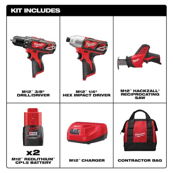 Milwaukee M12 12-Volt Lithium-Ion Cordless Combo Kit (5-Tool) with Two 1.5  Ah Batteries, Charger and Tool Bag 