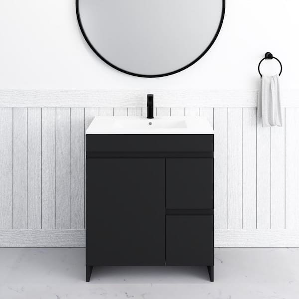 VOLPA USA AMERICAN CRAFTED VANITIES Mace 30 in. W x 18 in. D x 34 in. H Bath Vanity in Black with White Ceramic Top and Right-Side Drawers