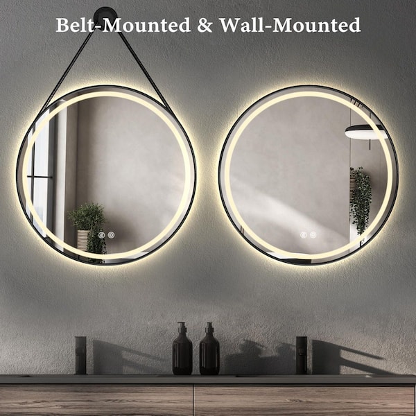 30 in. W x 30 in. H Dimmable Anti-Fog LED Mirror Wall Vanity Mirror Strap Leather Hanging Mirror for Bathroom