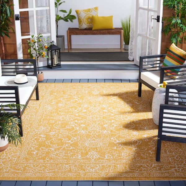 Courtyard Gold/Ivory 7 ft. x 7 ft. Border Floral Scroll Indoor/Outdoor Square Area Rug