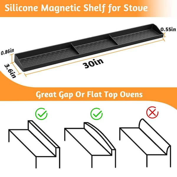 30 in. Silicone Magnetic Spice Rack with 3 Functional Partitions for Kitchen Organization and Storage, Black (1-Pack)