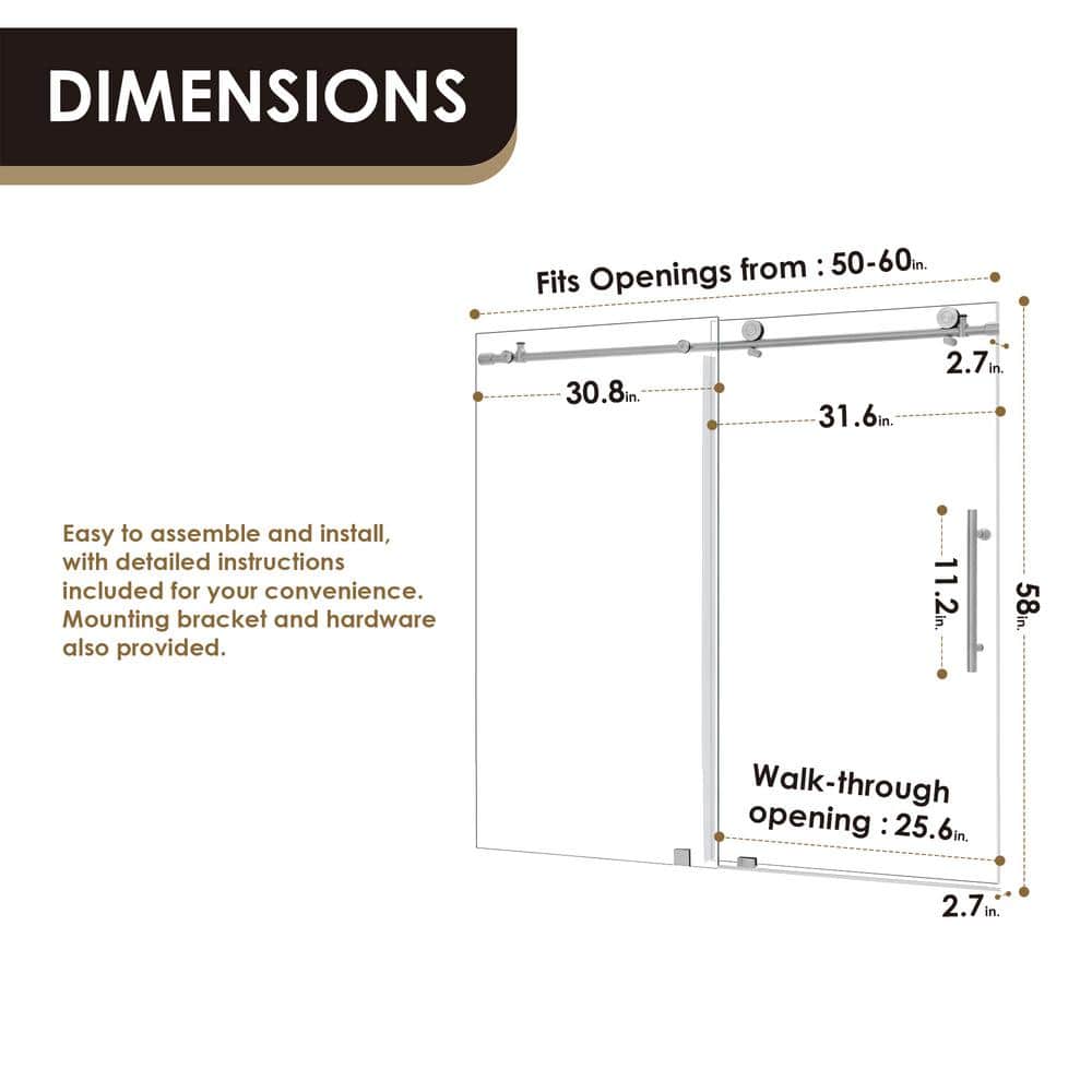 Lazaro 60" Brushed Nickel Frameless Sliding Tub Door with Clear Glass