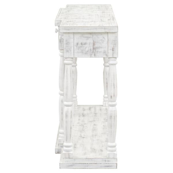 Polibi 63 in. Antique White Rectangle Wood Console Table with 4 Front Facing Storage Drawers and 1 Shelf