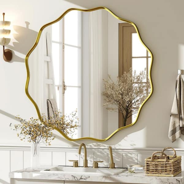 XRAMFY Gold 36 in. W x 36 in. H Round Modern Aluminum Alloy Deep Framed with Decorative Border Vanity Mirror Wall Mirror