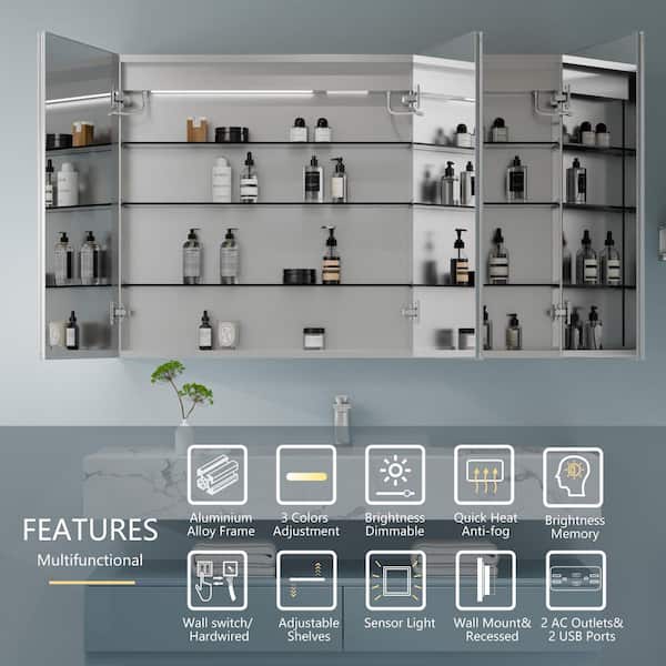 48 in. W x 32 in. H Rectangular Silver Aluminum Recessed/Surface Mount Medicine Cabinet with Mirror LED and Clock