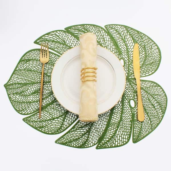 17.7 in. x 13.8 in. Green Leaf Shaped Metallic Vinyl Placemats Set, Table Mats for Dinner Table Decoration (Set of 8)