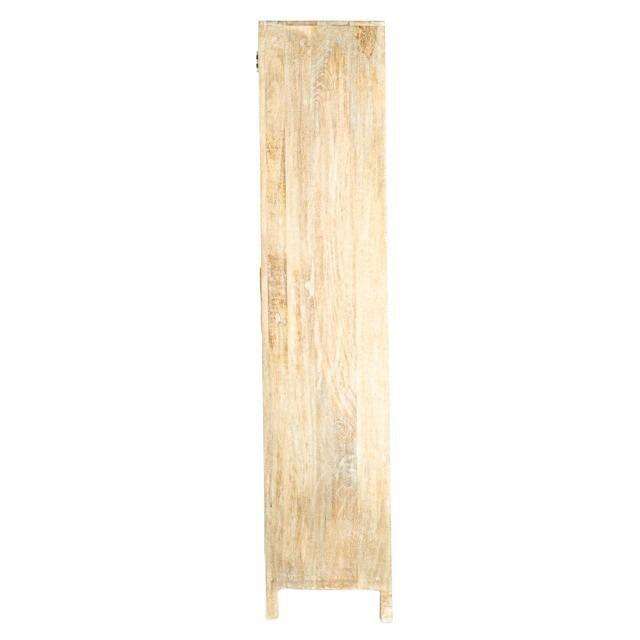Side view of a natural wood accent cabinet.