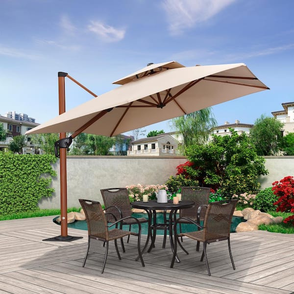 PURPLE LEAF 9 ft. Square High-Quality Wood Pattern Aluminum Cantilever Polyester Patio Umbrella with Base Plate, Beige