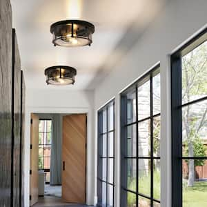 11 in. 2-Light Black Industrial Flush Mount with Seeded Glass Shade Ceiling Lamp for Entryway, Bedroom