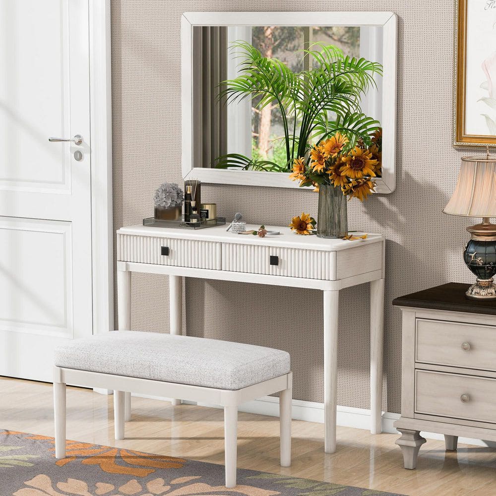 White Makeup Vanity Set with Mirror, Stool and Drawers