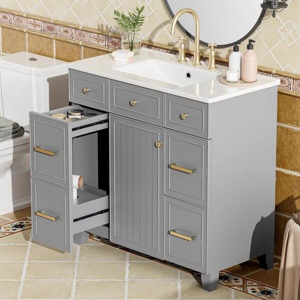 Nestfair 36 in. W x 18.3 in. D x 34 in. H Single Sink Freestanding Bath Vanity in Gray with White Ceramic Top