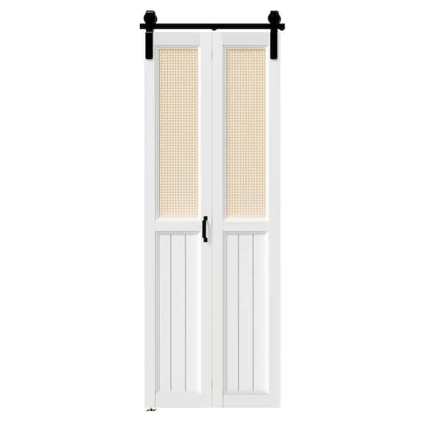 TENONER 30 in. x 84 in. White, Webbing & Wood, MDF, Bi-Fold Style Sliding Barn Door with Hardware Kit